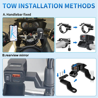 Dual USB Socket Motorcycle Charger 60W Waterproof PD QC3.0 Voltmeter Handlebar