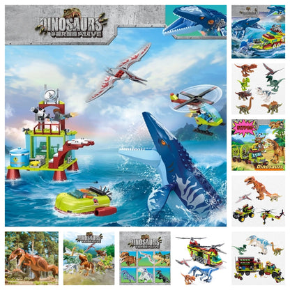Jurassic Ocean Escape Ship Building Blocks MOC Mosasaurus Dinosaur Brick Set