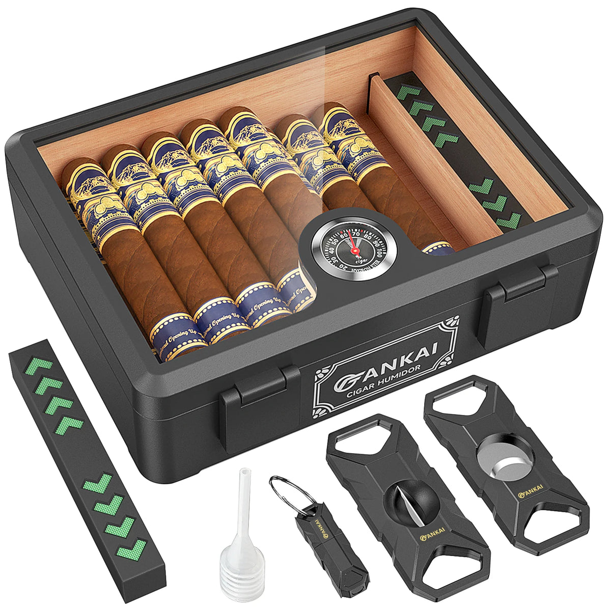 Cigar Box Humidor Cedar Wood Glass Top Desktop Case with Hygrometer for 20-25