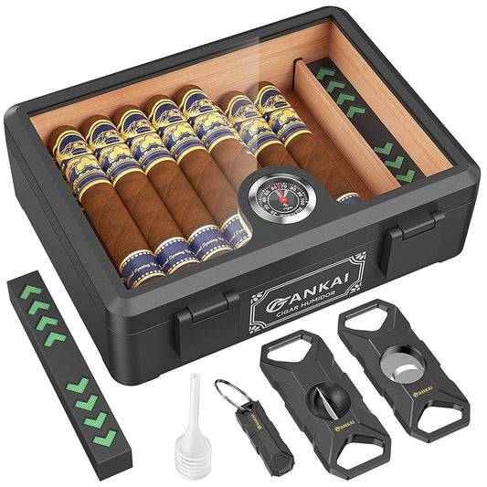 Cigar Box Humidor Cedar Wood Glass Top Desktop Case with Hygrometer for 20-25