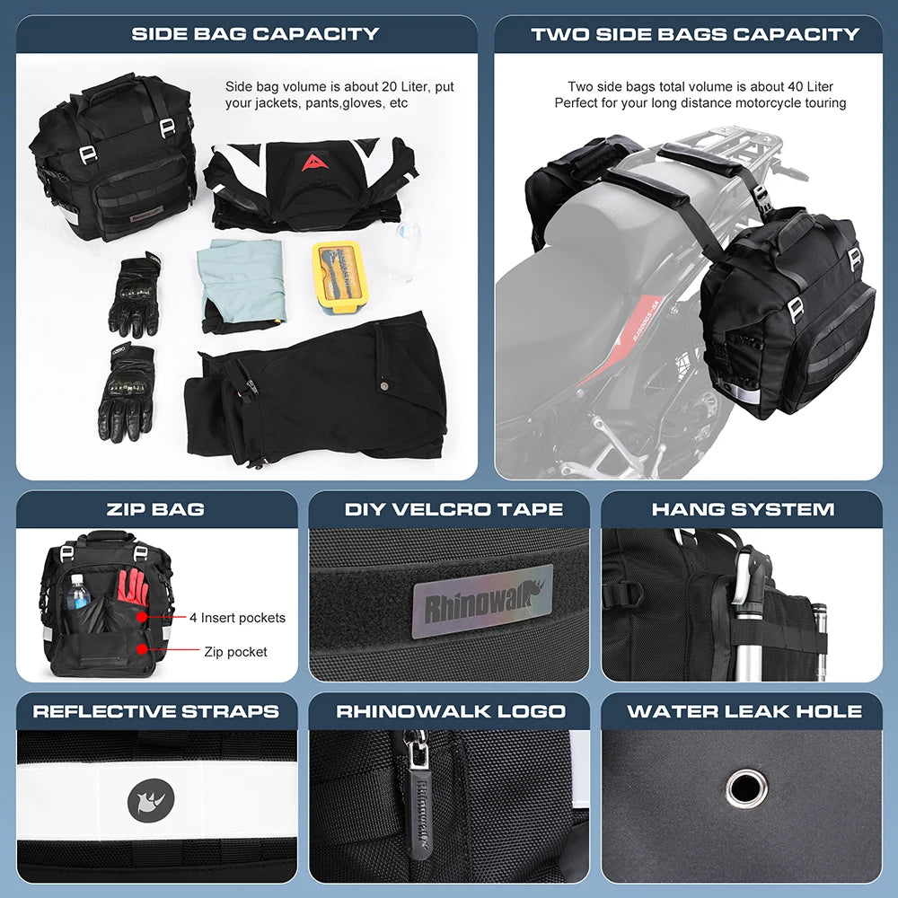 Rhinowalk Motorcycle Saddlebag 20-30L Universal Side Bag Waterproof Inner Bag