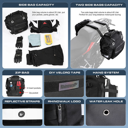 Rhinowalk Motorcycle Saddlebag 20-30L Universal Side Bag Waterproof Inner Bag