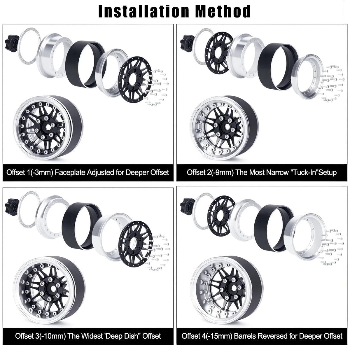 1.9 Aluminium Beadlock Wheels Adjustable Offset Rims 1/10 RC Crawler TRX4