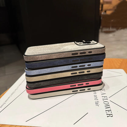 Washed Leather Fabric Phone Case for iPhone 11-17 Air Pro Max Lens Protection