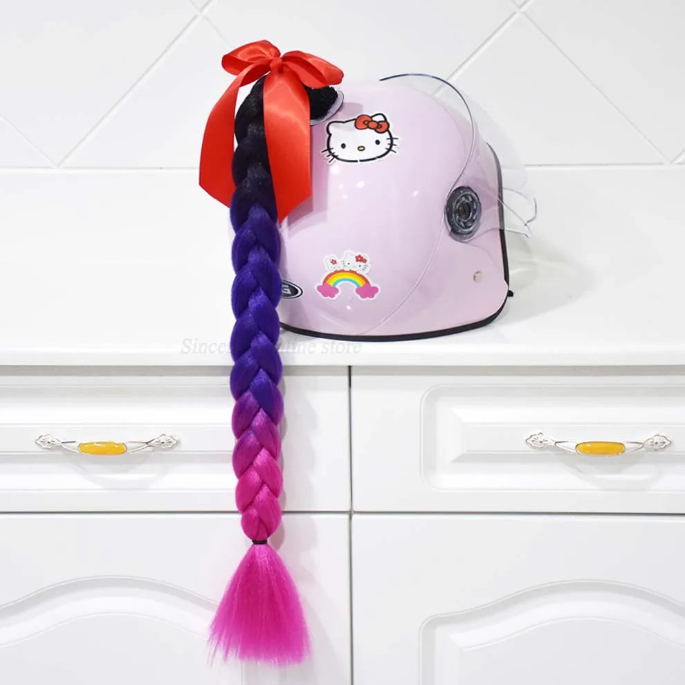 Motorcycle Helmet Braids Wig for Women Ponytail Hair Curly Pigtail Decor