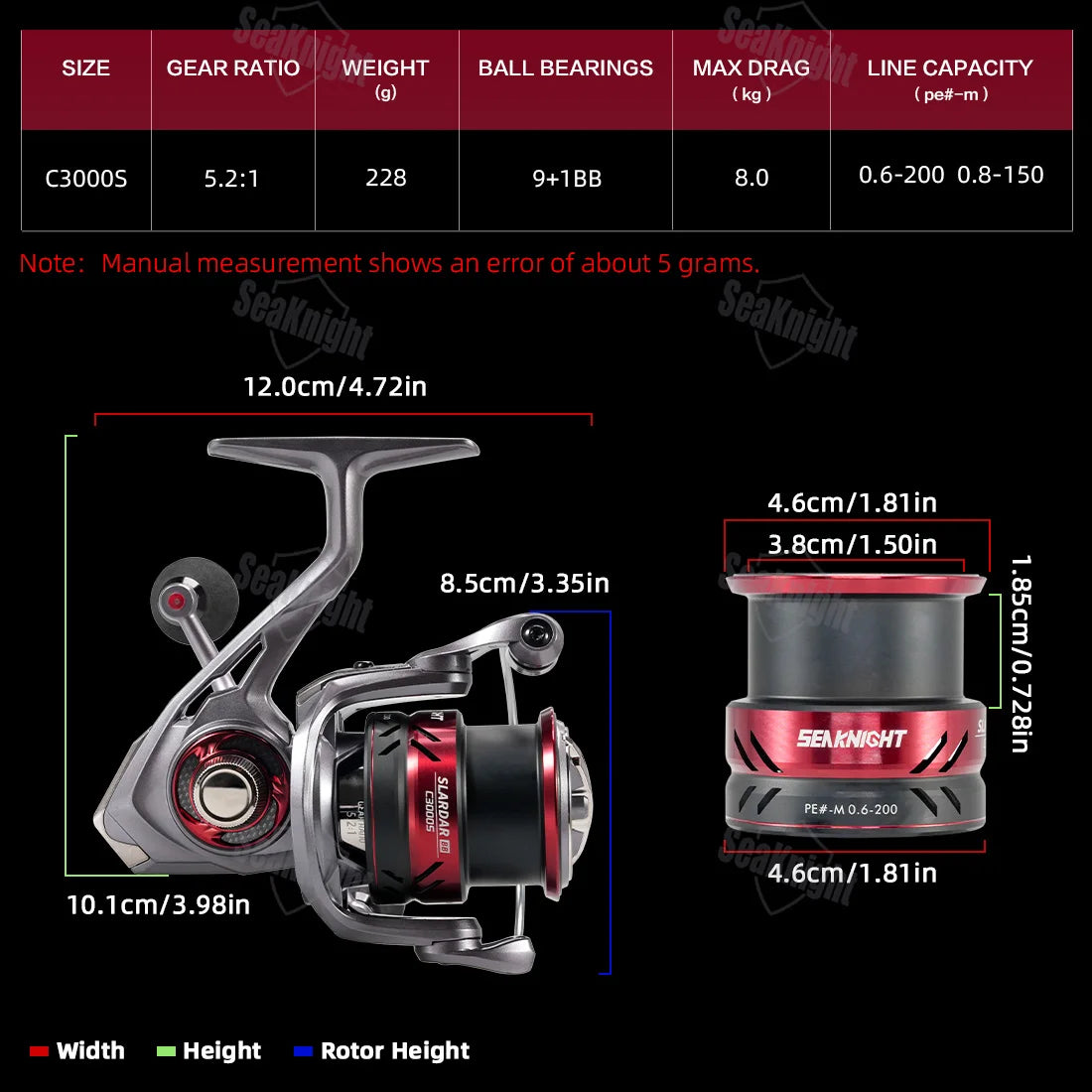 Dual-handle Spinning Reel 5.2:1 Saltwater Fishing Gear 3000 Series 228g