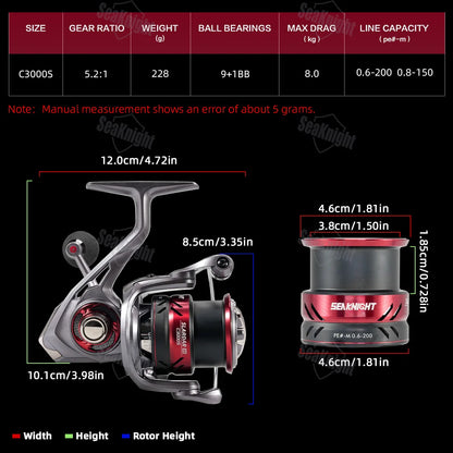 Dual-handle Spinning Reel 5.2:1 Saltwater Fishing Gear 3000 Series 228g