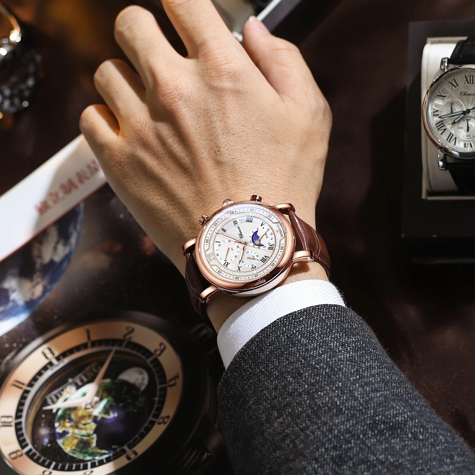 Chenxi 976 Leather Chronograph Date Men's Phase Of The Moon Timing Business Luminous Quartz Watch Relojes para hombres-EXPROTAS
