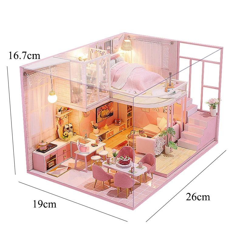 Wooden Miniature Duplex Dollhouse DIY 3D Puzzle Kit with Furniture LED Decoration Gift - EXPROTAS
