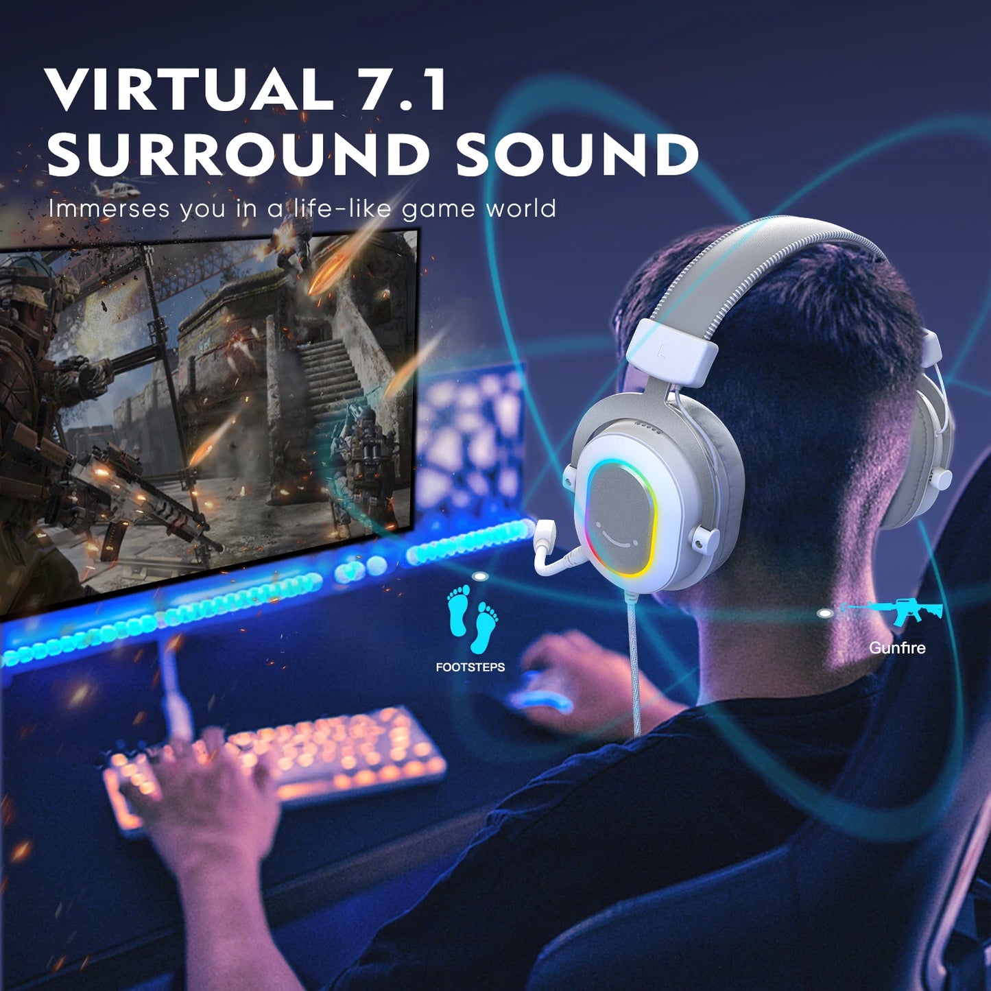 FIFINE Ampligame H6W RGB Gaming Headset 7.1 Surround 3-EQ Mic Inline Control for PC PS4 PS5