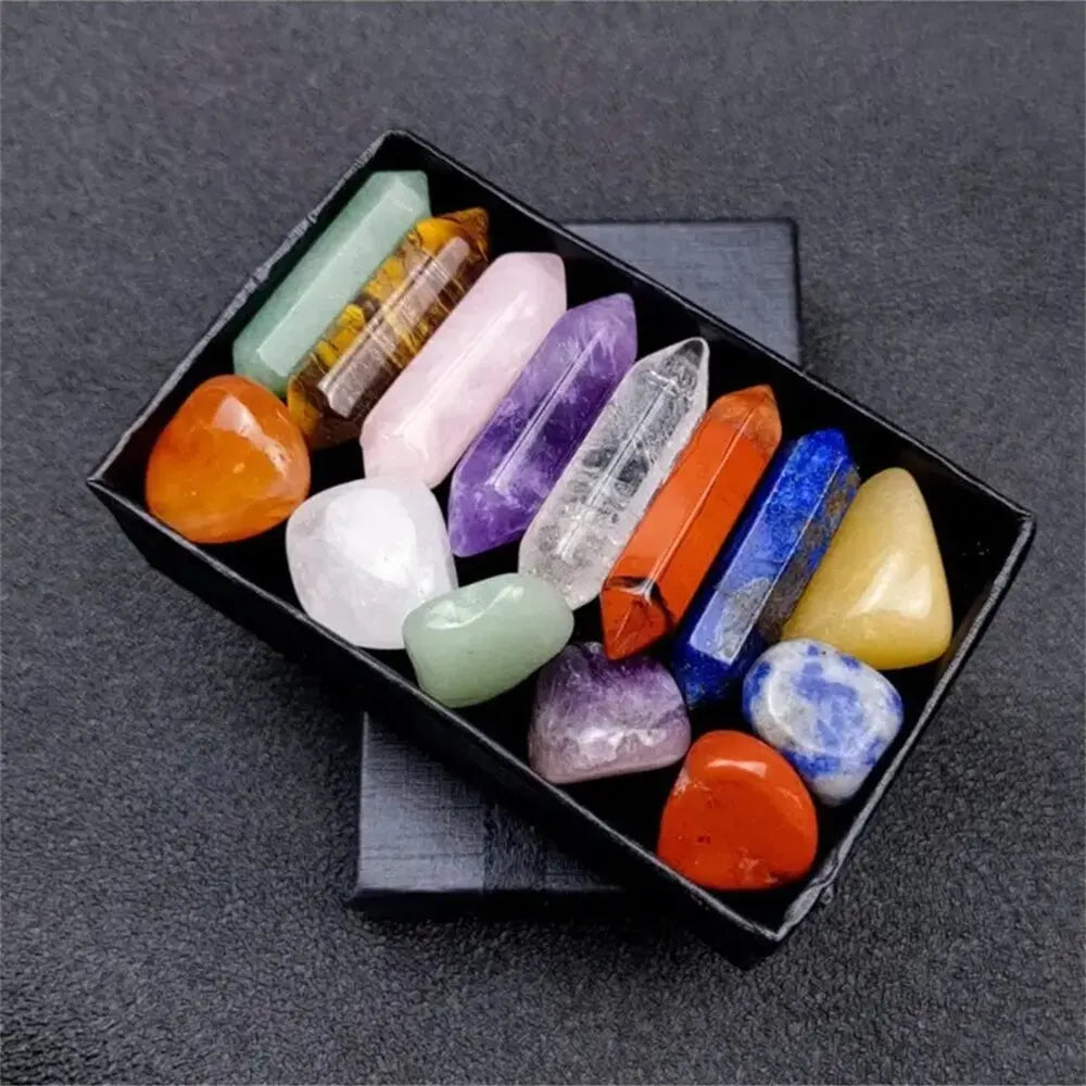 14PCS Chakra Crystal Set Pointed Quartz Hexagon Stones for Healing & Decor