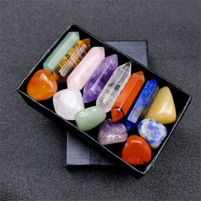 14PCS Chakra Crystal Set Pointed Quartz Hexagon Stones for Healing & Decor