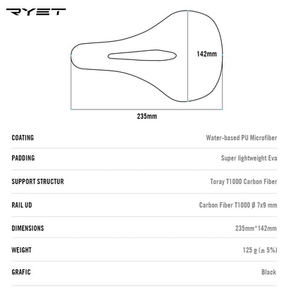 RYET Carbon Fiber Saddle 142mm 125g Super Light PU Soft Seat for Road MTB Bike