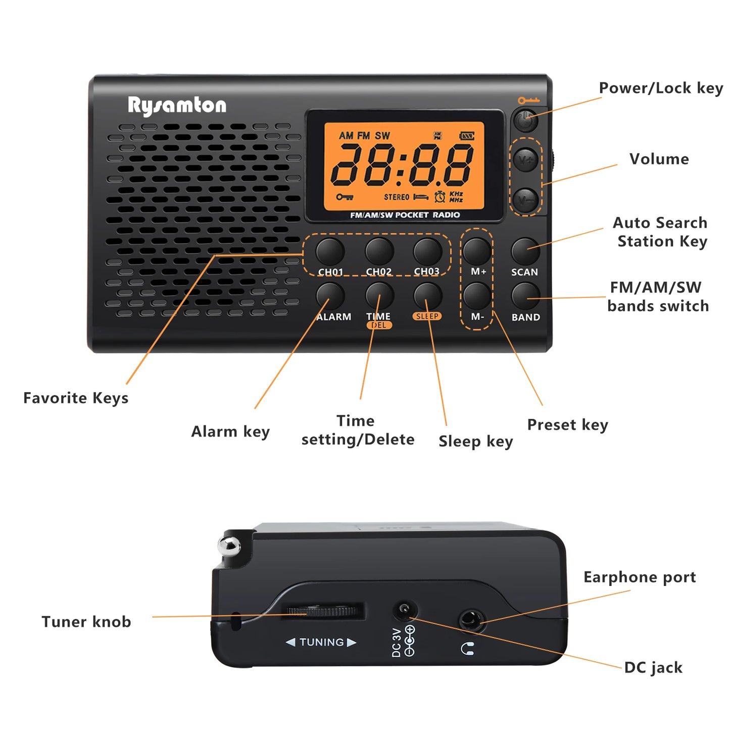 Portable AM/FM Shortwave Radio with Clock Function & Sleep Timer - Digital