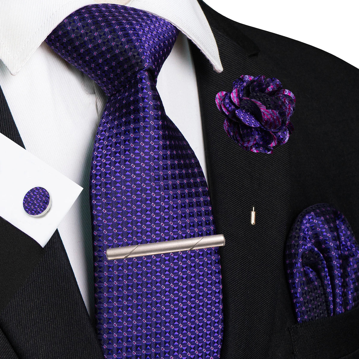 Men's Plaid Tie Clip Set with Pocket Square Cufflinks Wedding Accessories