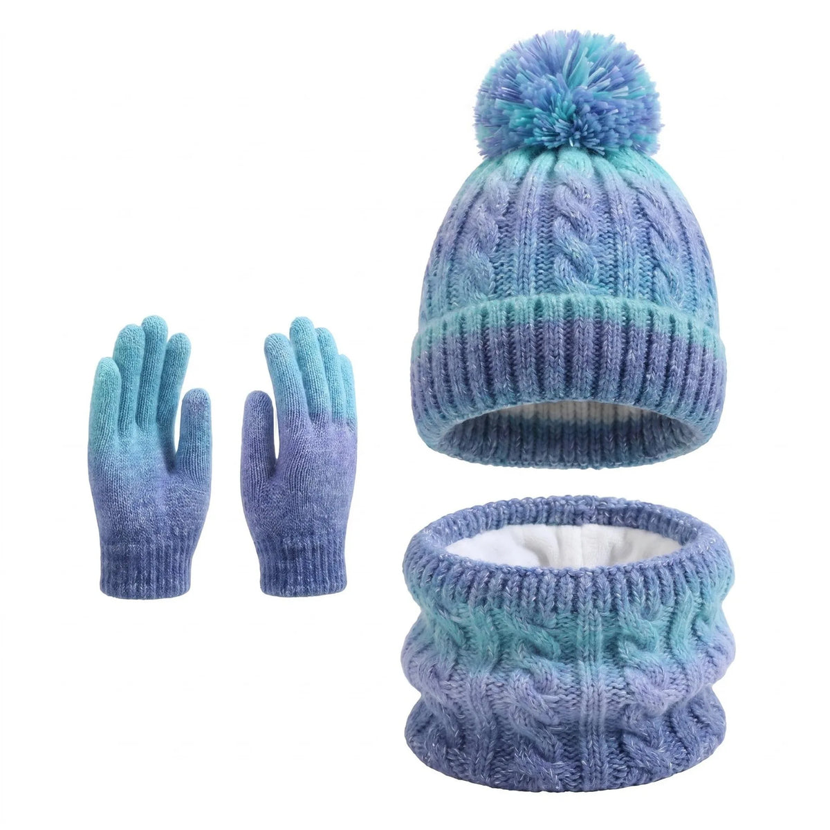 Kids Winter Hat Scarf Gloves 3Pcs Set Warm Knitted Beanie Pom