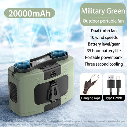 20000mAh Outdoor Portable Waist Fan Hanging Neck Fan Strong Wind with Power Bank LED Lighting for Sports Courier Outdoor Working-EXPROTAS