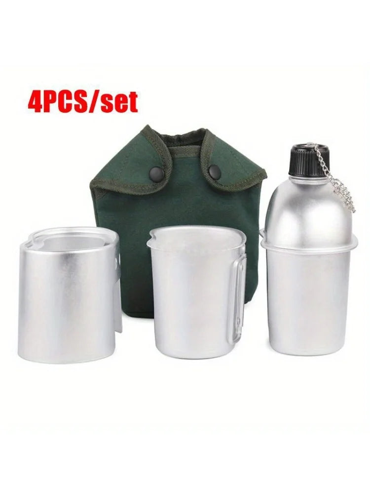 4pcs Military Canteen Cookware Set Aluminum Water Bottle Cup with Green Canvas