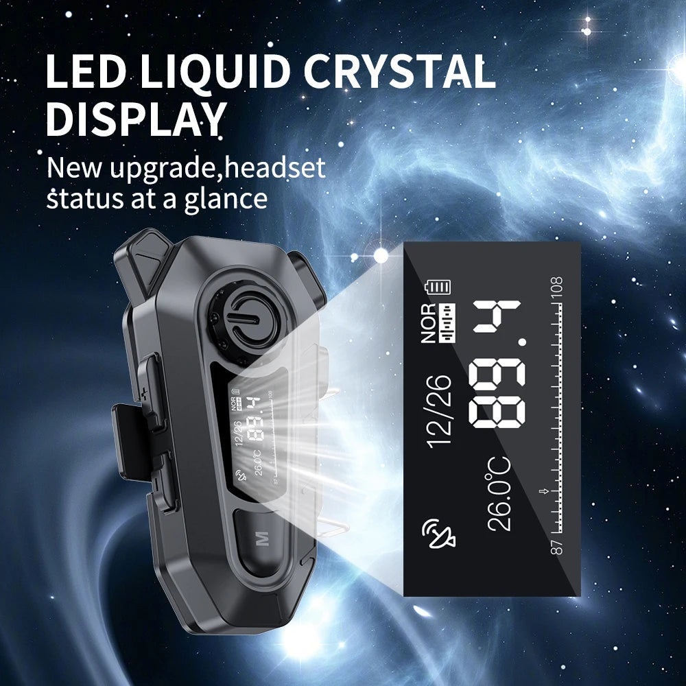BT5.3 Motorcycle Helmet Bluetooth Headset FM Radio LED Display Waterproof