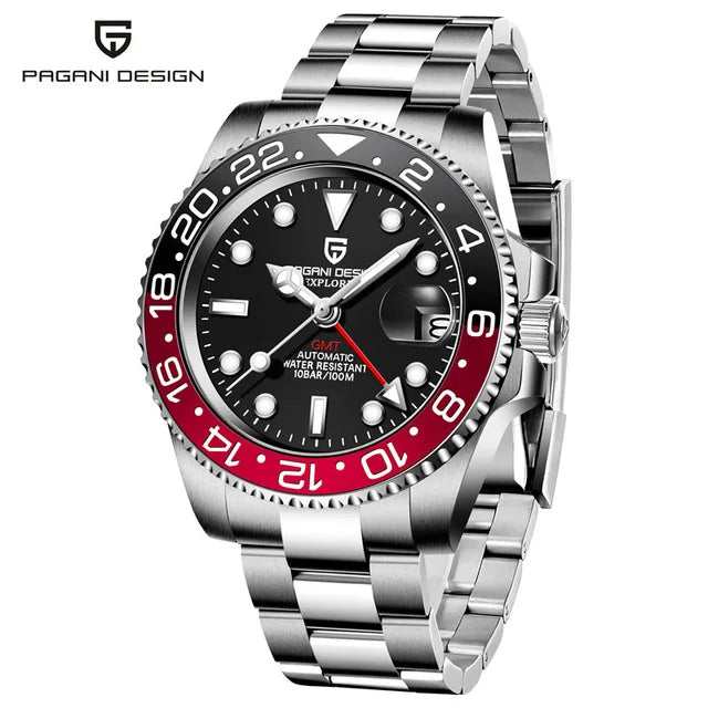 PAGAN DESIGN PD-1662 Luxury GMT Men Mechanical Wristwatch Sapphire Glass Stainless Steel 100M Waterproof Automatic Watches-EXPROTAS