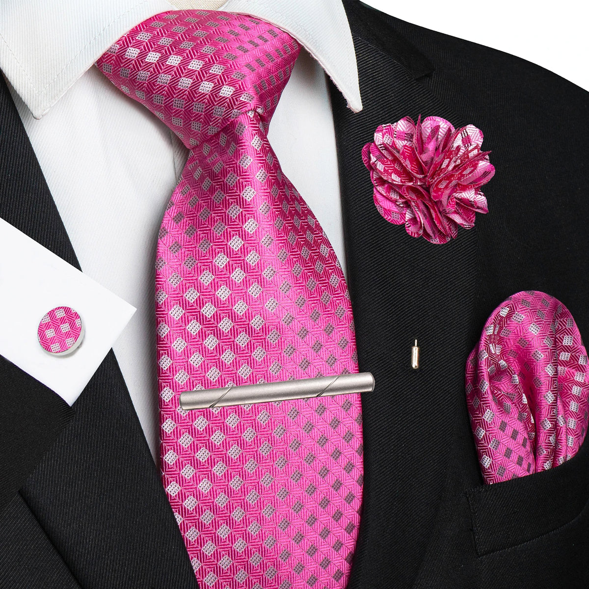Men's Plaid Tie Clip Set with Pocket Square Cufflinks Wedding Accessories