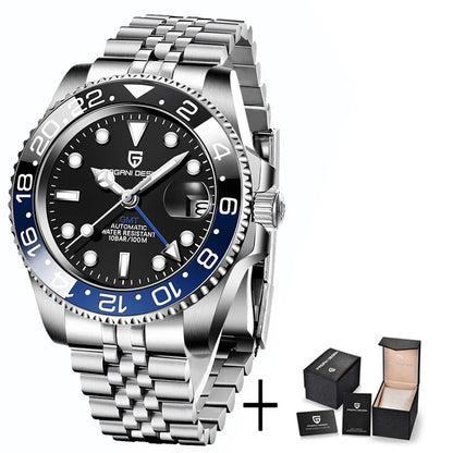 PAGAN DESIGN PD-1662 Luxury GMT Men Mechanical Wristwatch Sapphire Glass Stainless Steel 100M Waterproof Automatic Watches-EXPROTAS