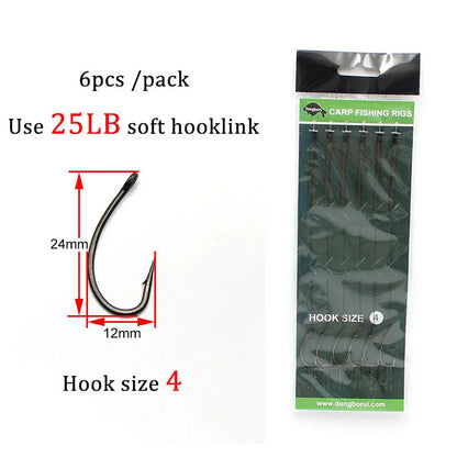 6pcs Carp Fishing Ready Tied Hair Rigs Hook Lines Size 2# 4# 6# 8# Tackle Set