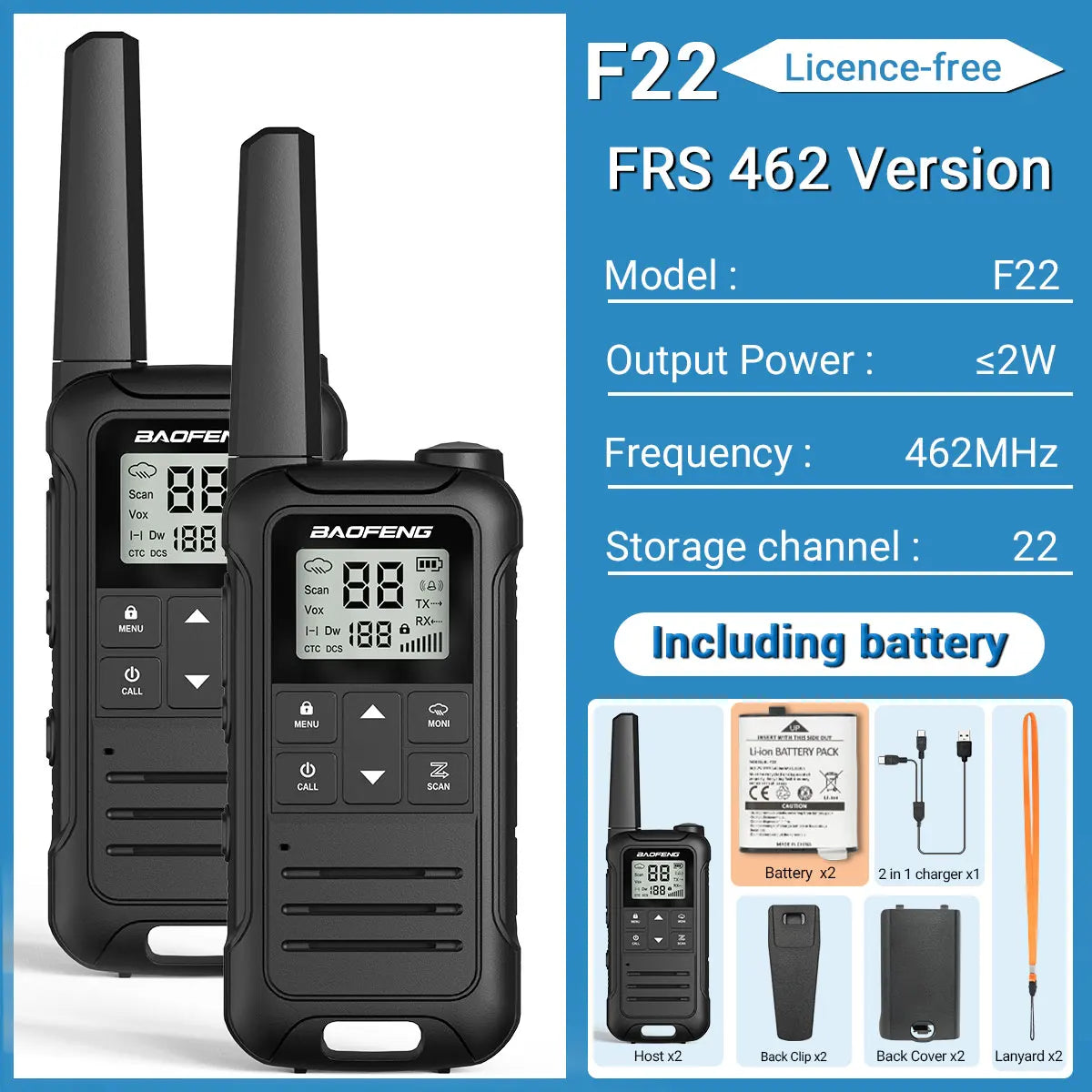 2Pcs Walkie Talkie Baofeng F22 Long Range PMR446 2-Way Radio for Camping