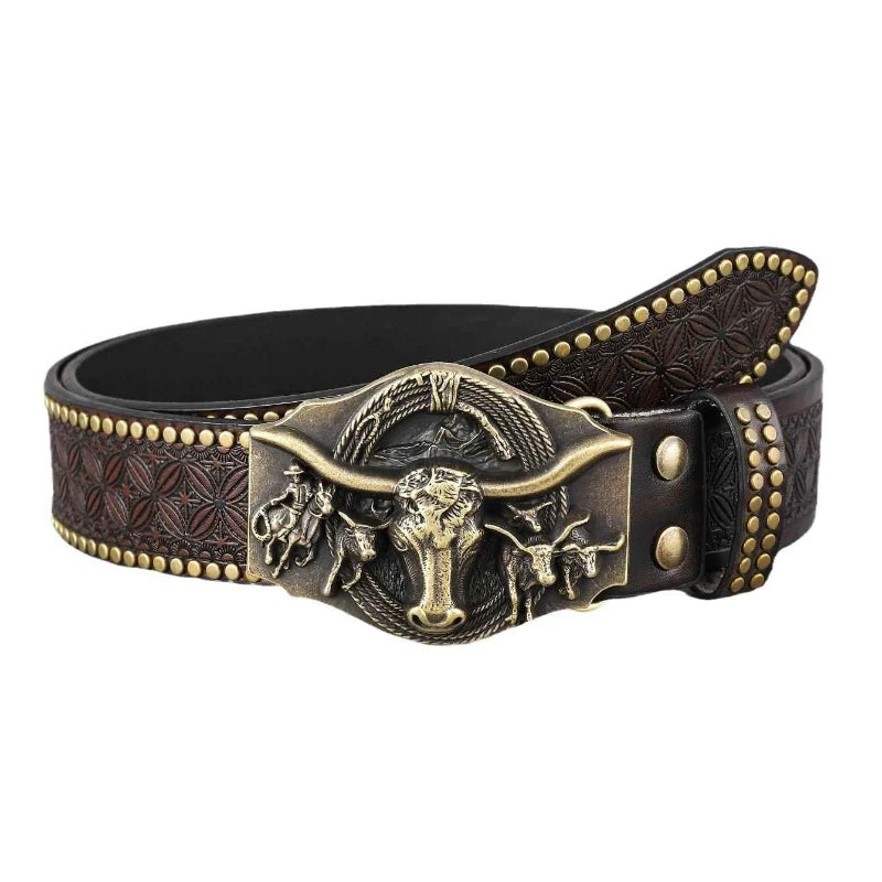 Buckle Cowboy Belt Western Bull Head Vintage Leather for Men Women