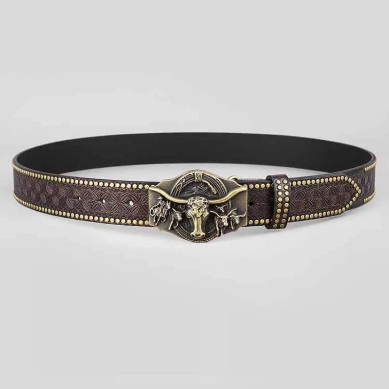 Buckle Cowboy Belt Western Bull Head Vintage Leather for Men Women