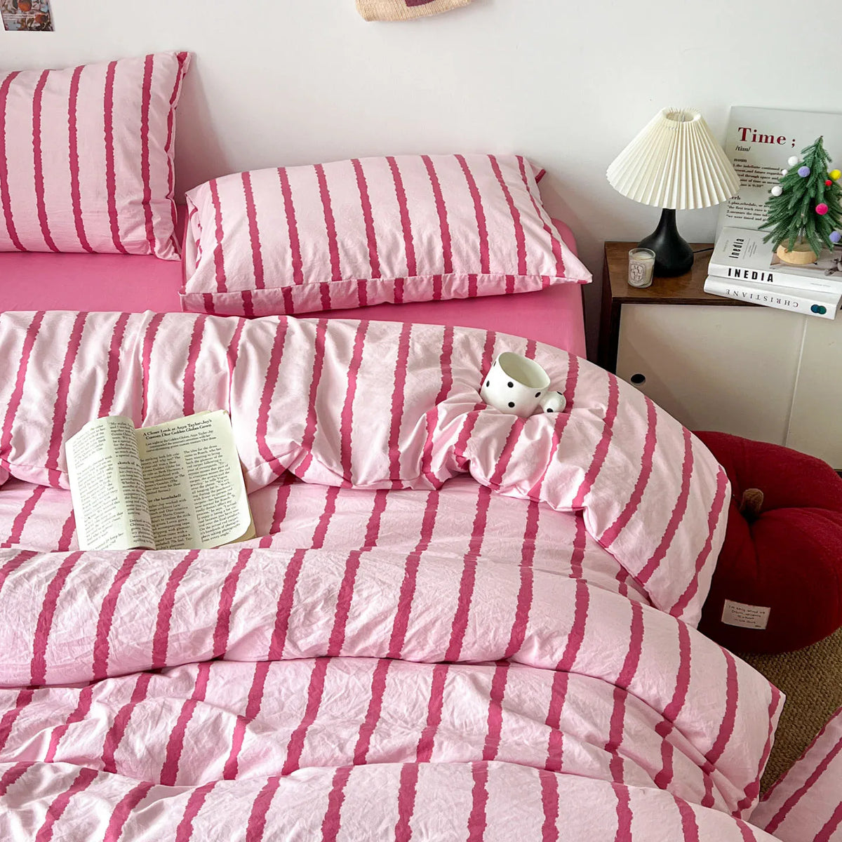 3pcs Pink Striped Duvet Cover Bedding Set with Pillowcases Soft Cotton 150x200cm