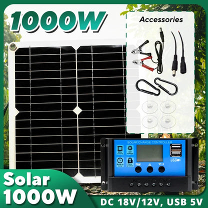 1000W 12V Solar Panel Kit with 10A-100A Controller for RV Car Caravan Battery