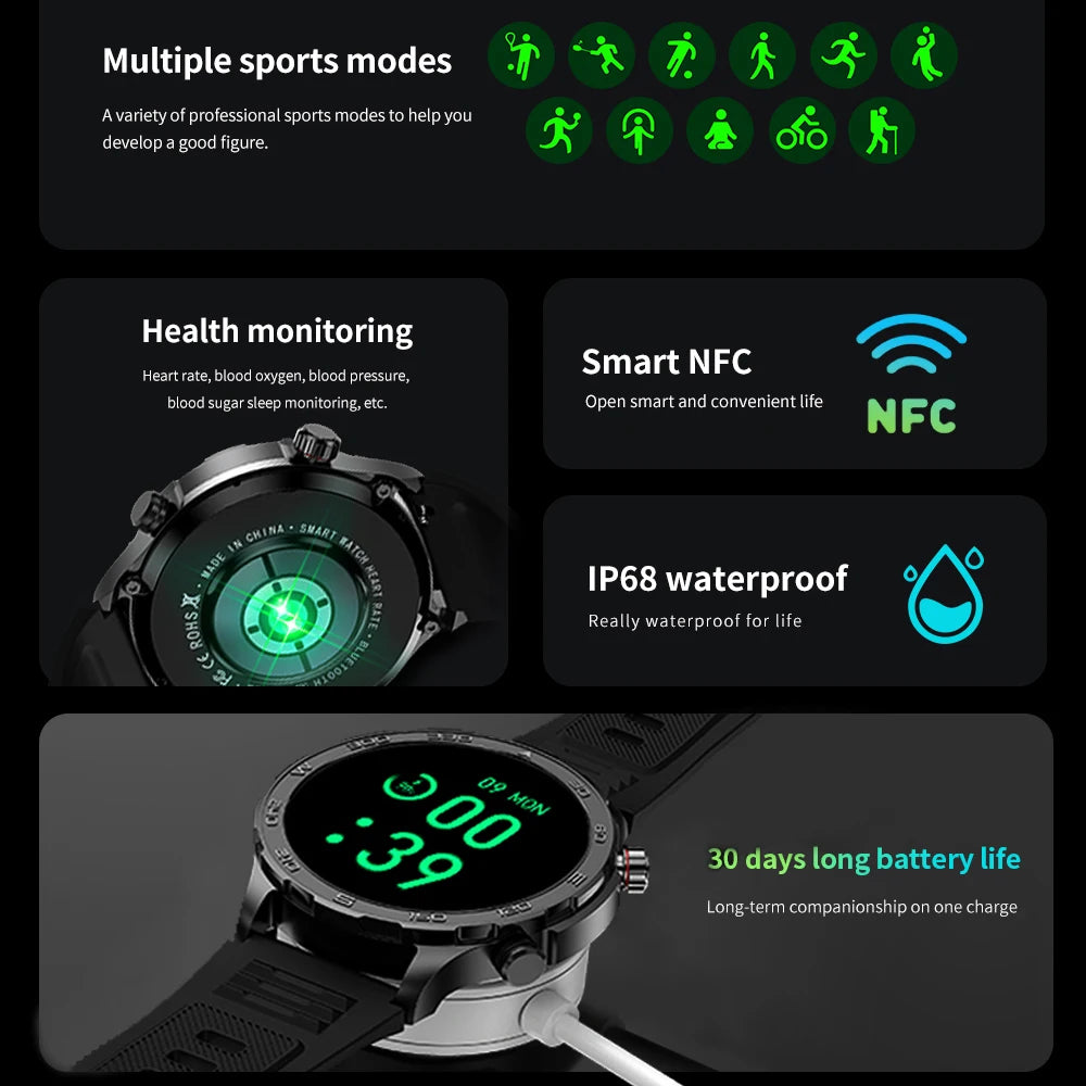 2024 New For Huawei Xiaomi GPS Sports Smartwatch Men NFC Compass Fitness Tracker IP68 Waterproof Bluetooth Call Smartwatch Man-EXPROTAS