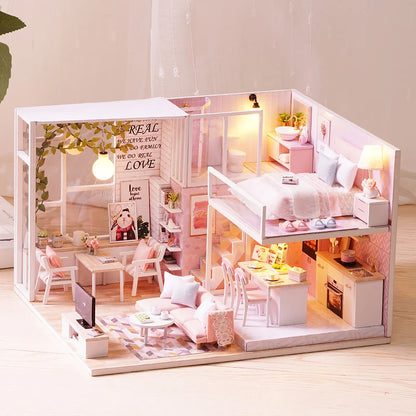 Wooden Miniature Duplex Dollhouse DIY 3D Puzzle Kit with Furniture LED Decoration Gift - EXPROTAS