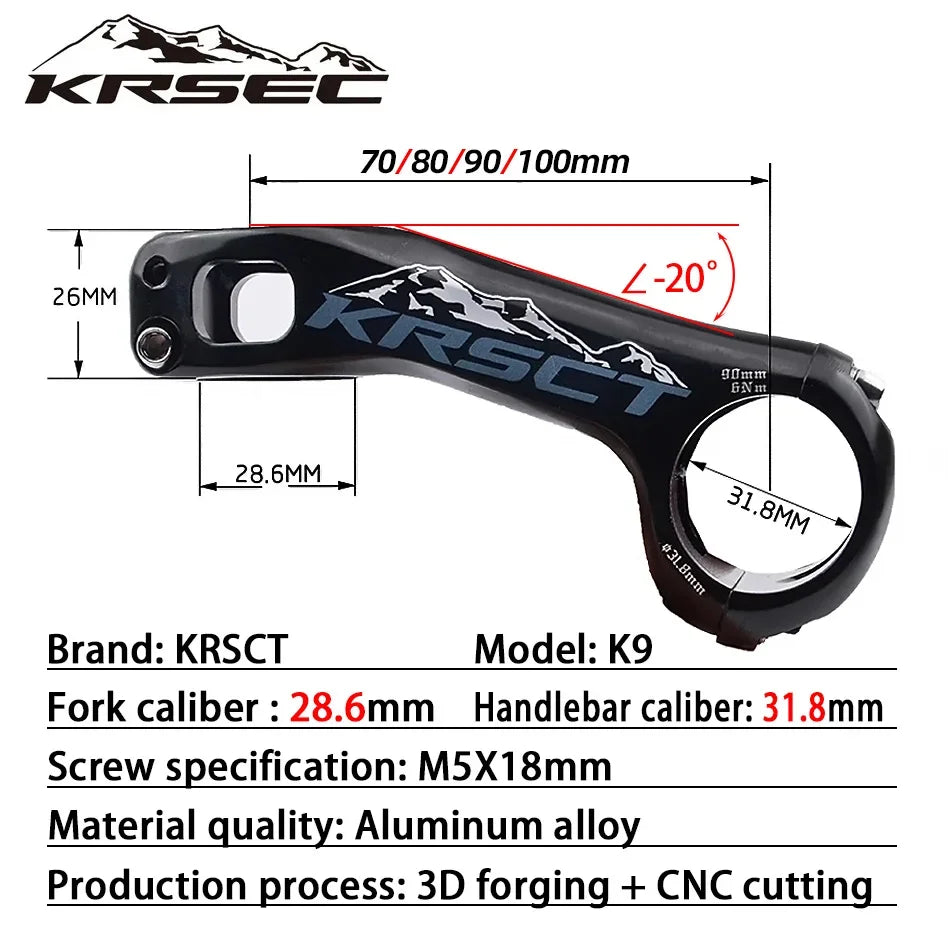 KRSCT -20° MTB Bicycle Stem 3D Forged High Strength 31.8mm 70–100mm