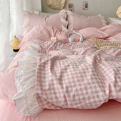 Plaid Duvet Cover 3 Piece Bedding Set Pink Check Bedspread All Seasons