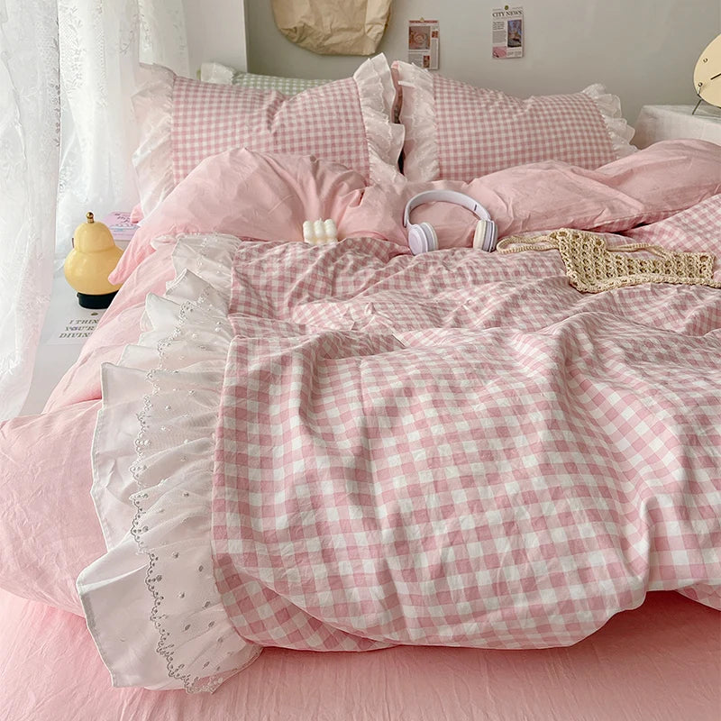Plaid Duvet Cover 3 Piece Bedding Set Pink Check Bedspread All Season