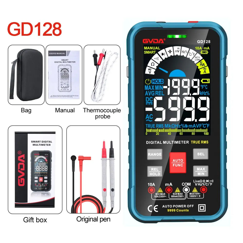 GVDA New 9999 Counts Digital Multimeter Smart Auto Range 1000V 10A Tester Meter Ohm Hz Capacitance REL True RMS AC DC DMM GD128-EXPROTAS