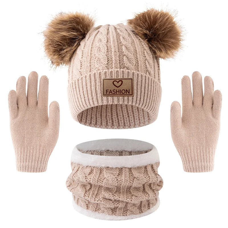 3PC Boys Hat Gloves Winter Set for Kids Warm Knitted Beanie Scarf