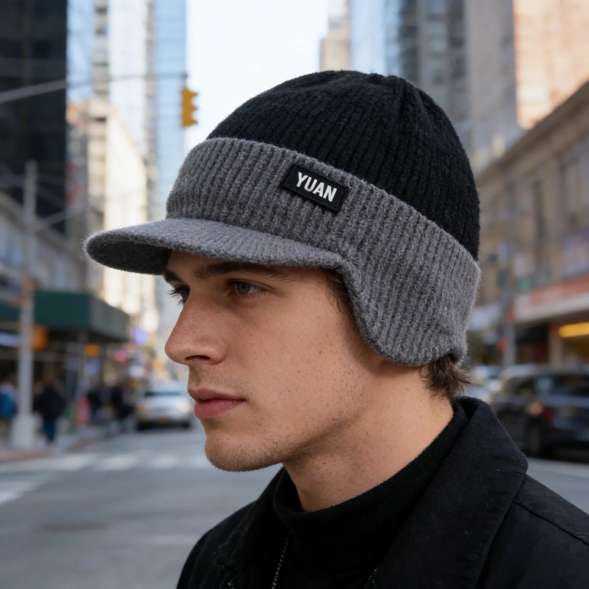 Men's Winter Ear Protection Beanie Hat Fleece Lined Warm Cap for Skiing