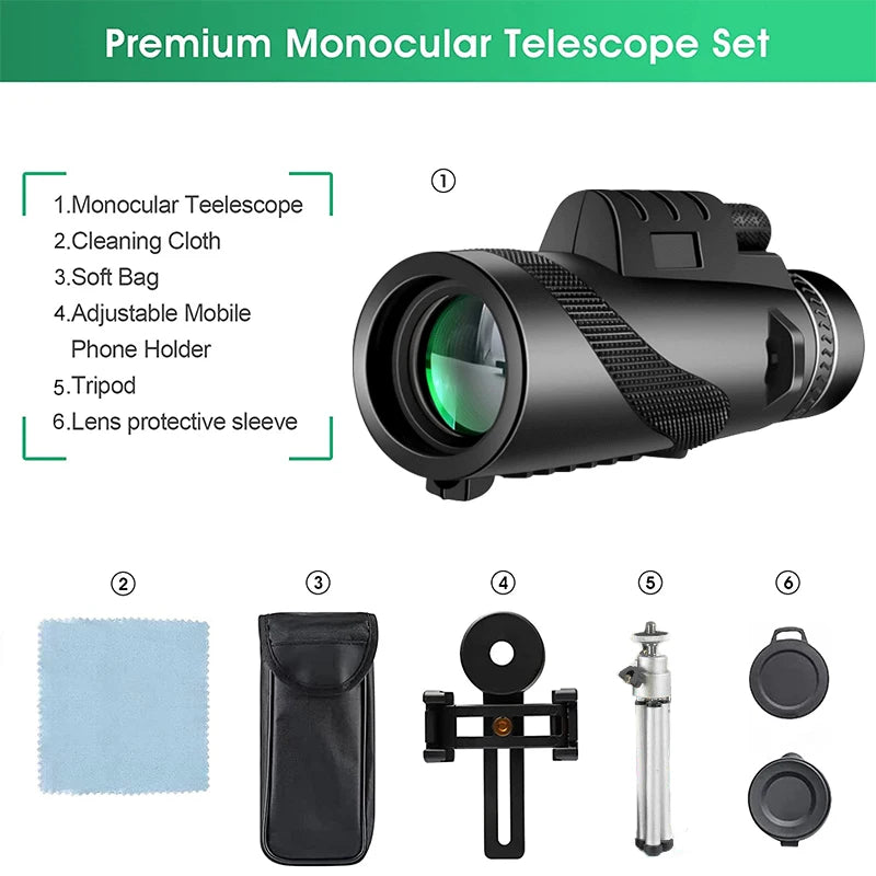 80x100 HD Zoom Monocular Telescope Tripod Phone Clip Hunting Camping