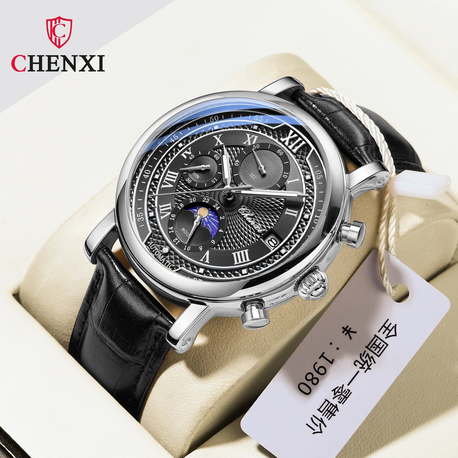 Chenxi 976 Leather Chronograph Date Men's Phase Of The Moon Timing Business Luminous Quartz Watch Relojes para hombres-EXPROTAS