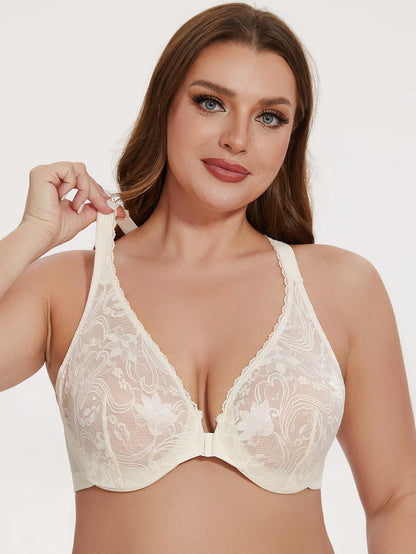 MELENECA Women’s Plus Size Front Closure Racerback Underwire Bra Unlined Lace - EXPROTAS
