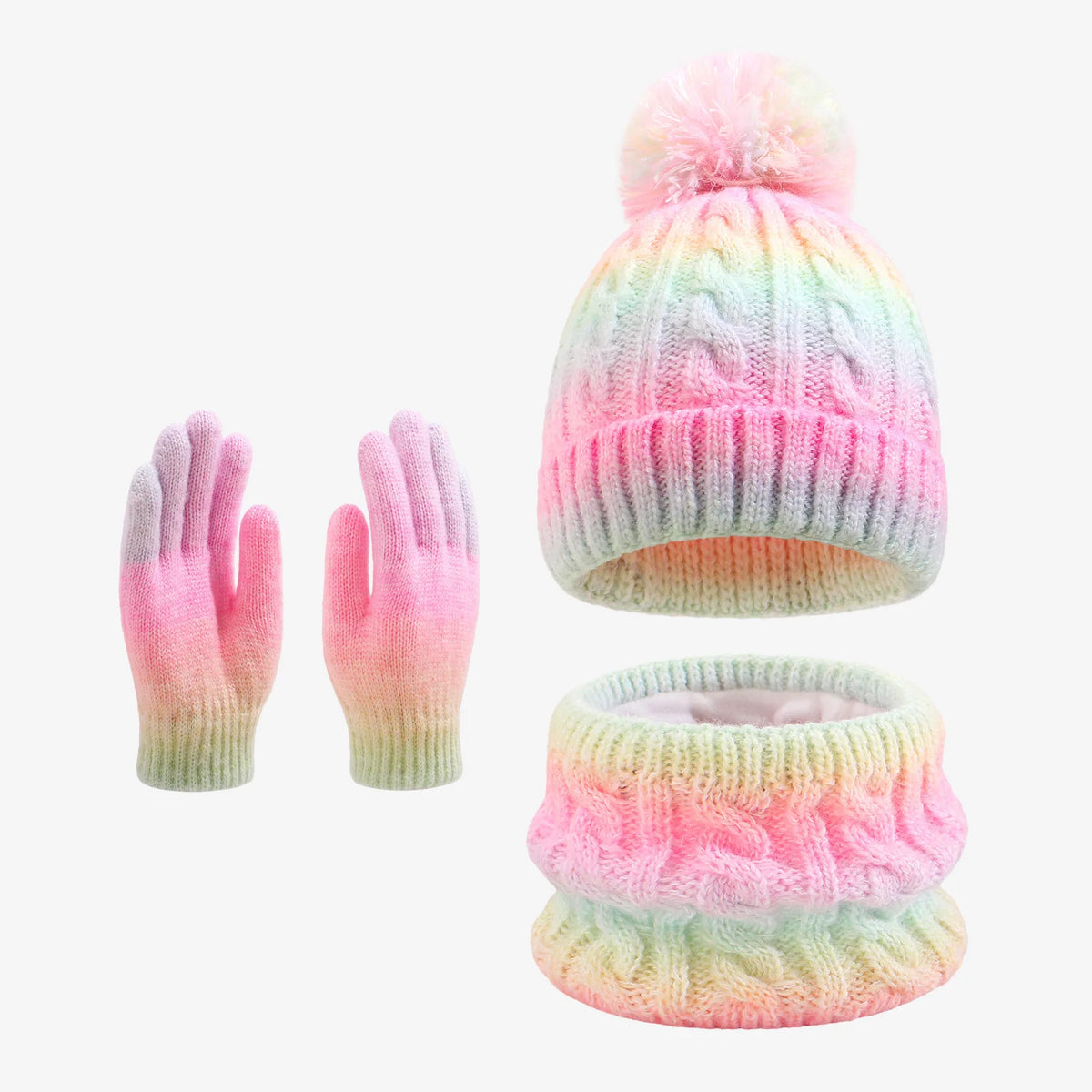 Kids Winter Hat Scarf Gloves 3Pcs Set Warm Knitted Beanie Pom