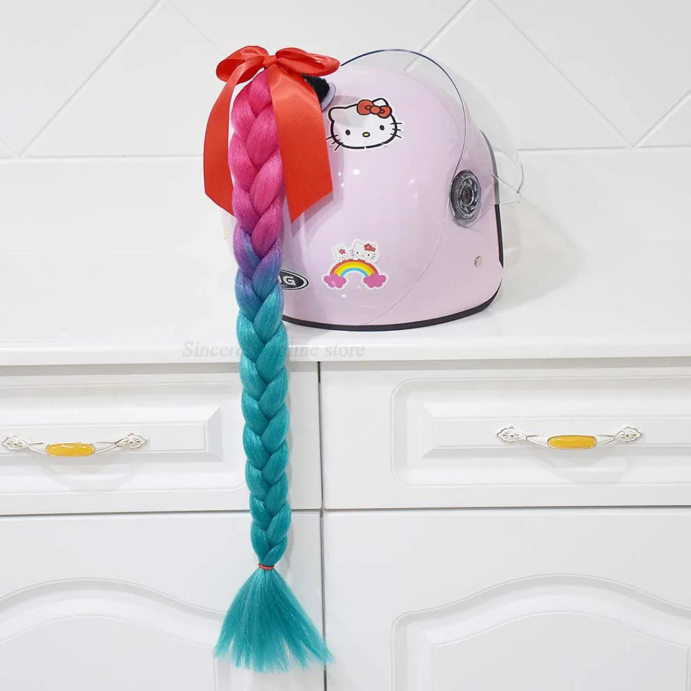 Motorcycle Helmet Braids Wig for Women Ponytail Hair Curly Pigtail Decor