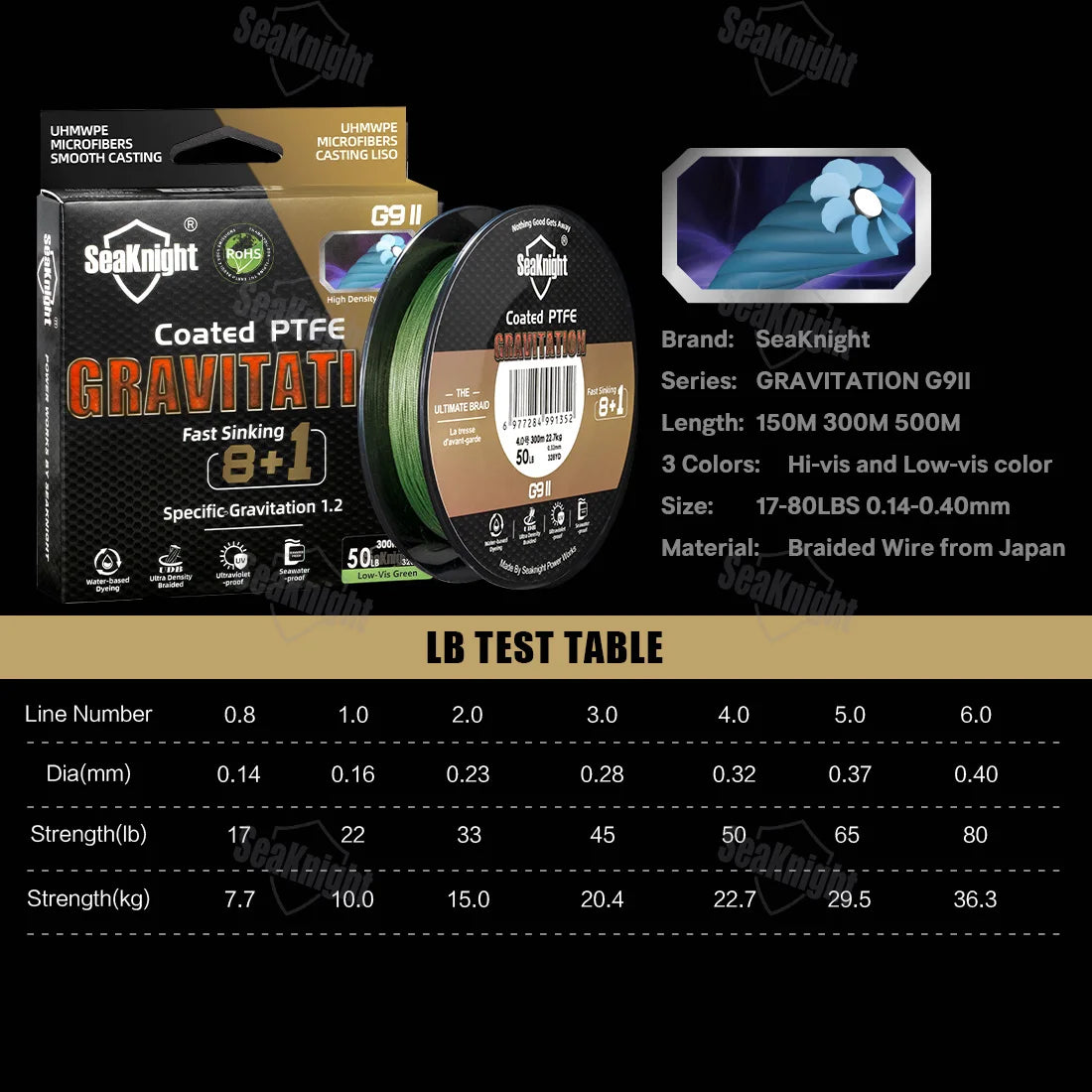 SeaKnight Gravitation G9 II Sinking Braided Fishing Line 150m/300m PTFE UV Resistant