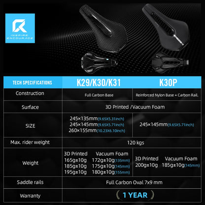 RYET 3D Printed Full Carbon Saddle 135/145/155mm for MTB Gravel Road Bike