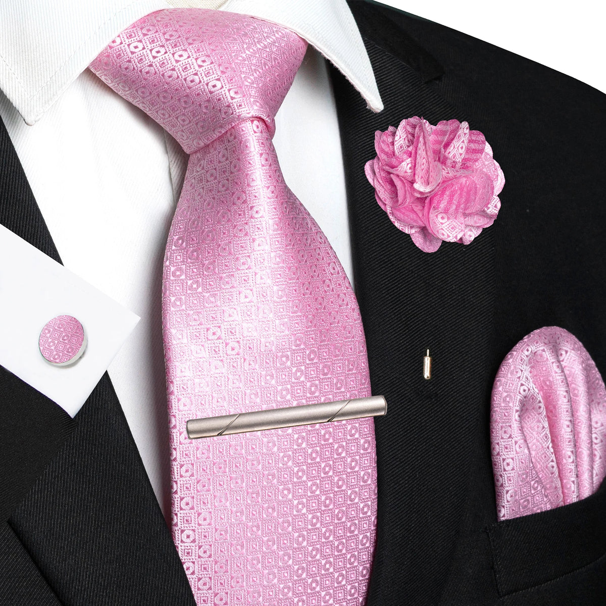 Men's Plaid Tie Clip Set with Pocket Square Cufflinks Wedding Accessories