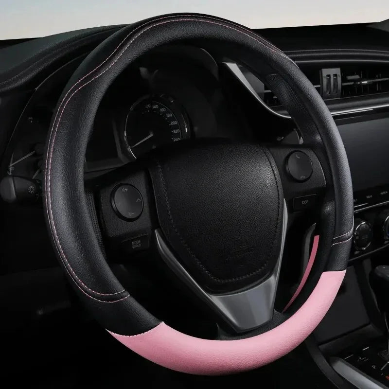 1PC Steering Wheel Cover PU Leather Anti-Slip Universal Fit Black Pink