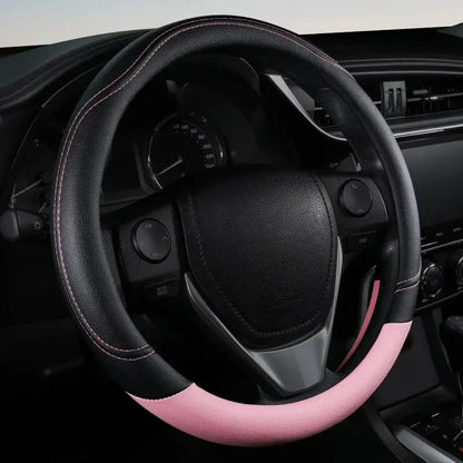 1PC Steering Wheel Cover PU Leather Anti-Slip Universal Fit Black Pink